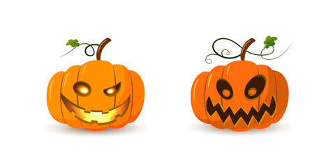 Halloween pumpkin icon set. Autumn symbol. 3D design. Halloween scary pumpkin face, smile, candle light, leaf. Orange squash silhouette isolated white background. Cartoon colorful Vector llustration