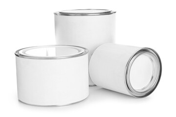 Closed blank cans of paint on white background