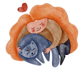 Hand drawing watercolor cute cartoon children’s book illustration ginger girl cat lover. Use for poster, print, card, postcard,greetin, veterinary, children’s book, illustration, template, textile