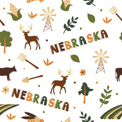 USA collection. Vector illustration of Nebraska theme. State Symbols - seamless pattern