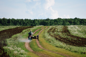 Man on the motorcycle with sidecar (tricycle) from the back view