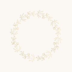 Gold vintage wreath. Retro frame with flowers and leaves. Wedding design element.