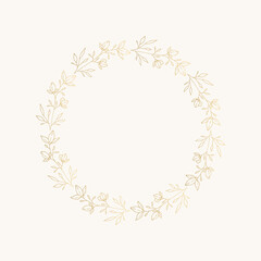 Gold vintage wreath. Retro frame with flowers and leaves. Wedding design element.