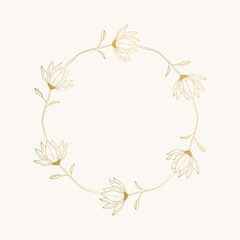 Fototapeta na wymiar Floral wreath with golden magnolia flowers. Decorative flower frame. Vector isolated illustration.