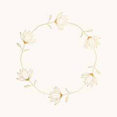 Floral wreath with golden magnolia flowers. Decorative flower frame. Vector isolated illustration.