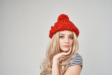 blonde in red hat fashionable clothes modern style