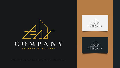 Abstract Gold Real Estate Logo Design with Line Style. Construction, Architecture or Building Logo Design