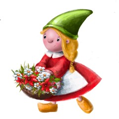 Naklejka premium cute little gnome girl with flowers hand drawn illustration, watercolor pencils clipart with cartoon character