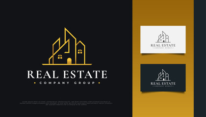 Elegant Gold Real Estate Logo Design with Line Style. Construction, Architecture or Building Logo Design