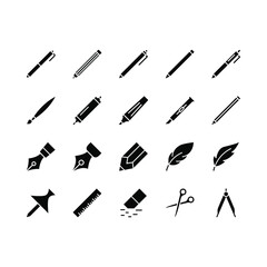 Drawing and Writing tools flat line icons set. Stationery tools - Pen, pencil, ruler, button. Simple flat vector illustration web site or mobile app