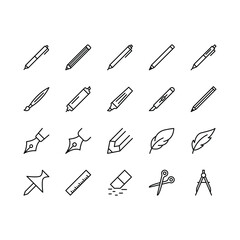 Drawing and Writing tools flat line icons set. Stationery tools - Pen, pencil, ruler, button. Simple flat vector illustration web site or mobile app