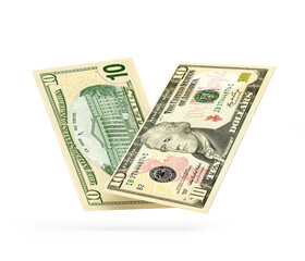 10 dollars banknotes on a white background. 3D illustration 