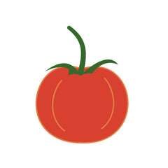 Single simple red tomato with green stalk, icon. Fresh vegetable. Hand-drawn vector. Healthy delicious vegetarian food, source of vitamins, agriculture. Ingredient for making ketchup. For market.