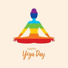 International Yoga Day Poster with woman in yoga position silhouette vector. Meditating woman with chakras icon vector. June 21, Important day