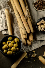 grissini pistachios and olives appetizers for wine