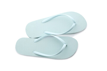 Stylish light blue flip flops on white background, top view. Beach object