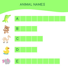 Animal Names Worksheet. Cute animals. Educational activity for preschool kids. Preschool Education. Vector illustration.
