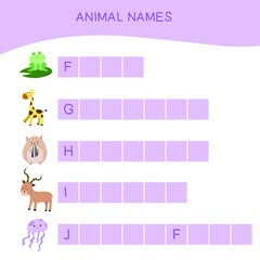 Animal Names Worksheet. Cute animals. Educational activity for preschool kids. Preschool Education. Vector illustration.