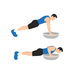 Man doing Bosu ball push ups exercise. Flat vector illustration isolated on white background