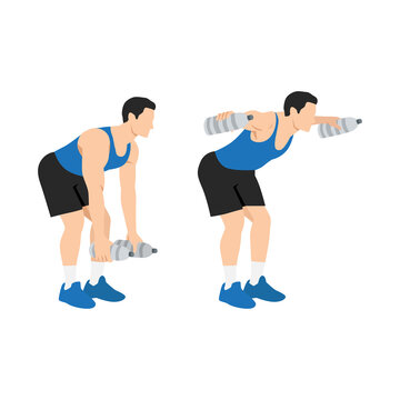 Man doing Bent over water bottle flyes exercise. Flat vector illustration isolated on white background