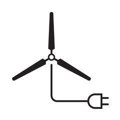 Wind power plug icon, wind energy symbol, wind turbine icon, windmill silhouette, black isolated on white background, vector illustration.