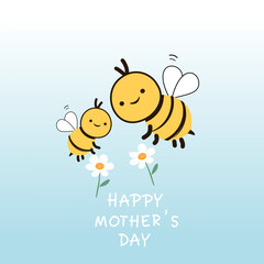 Bee cartoons and daisy flower on blue background vector illustration. Mother's day card.