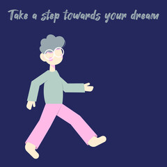 Cartoon man in pastel colors on a dark background in motion, the inscription 