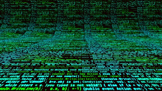 Futuristic computer code programming curving screen with colorful lines on black background. Animation. Scrolling through code program, bending digital texture.