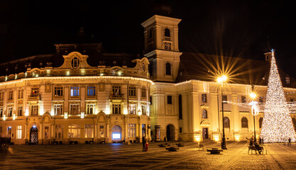 Fototapeta premium view of the Big Square from Sibiu city with Christmas lights