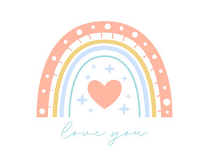 Rainbow vector illustration with love you text. Flat boho rainbow for romantic valentine's day greeting card, nursery