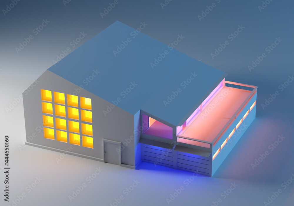 Poster building mockup with lighted windows. cottage with large veranda. architectural project. house layou