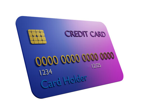 Credit card template. The plastic bank card is turned at an angle. The credit card is isolated on white. The bank card is blue. Finance, payments, and lending. Bank lending. 3d rendering
