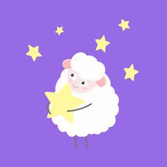 Cute cartoon ram sheep holding a star on a background of the sky. 