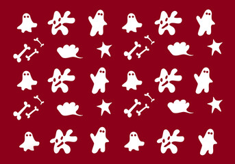 White and red background with ghosts and bones. Cute ghosts. The symbolism of Halloween. Stylized images of spirits. Mystique concept. Monochrome ghost. Ghost shadow is funny. Haunted poster. 3d image