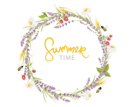 Summer time. Birthday or Wedding invitation cards. Vector design element, wreaths of lavender, chamomile, wheat ears, strawberry and bee, medicinal herbs, calligraphy lettering. EPS 10.