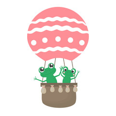 Cartoon cute frogs are flying in a hot air balloon. Postcard, poster birthday invitation