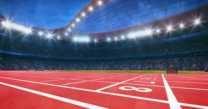 Athletic sport stadium full of fans and racing track with finish line. Professional sport 4k video for advertisement background.