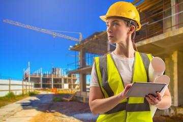 Architect on construction site. Construction and architecture. Civil engineer woman. Girl with construction drawings and tablet. Professional engineer in safety equipment. Reflective vest and hard hat