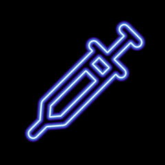 Blue neon stylized syringe contour on a black background