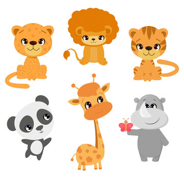 Set of cute cartoon animals safari lion, leopard, tiger, rhino, giraffe, panda