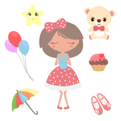 A cute cartoon set of items that girls want. The dreams of a little woman. 
