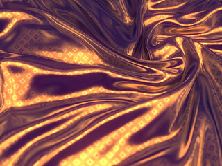 Metallic wavy fabric with glitter pattern of shiny rectangles. Luxury smooth background. 3d render digital illustration