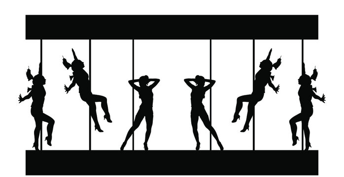 Pole dancer girl sexy women vector silhouette illustration. Dancing girl striptease isolated on white background. Entertainment for lonely man ore couples. Night club sensual erotic lady event.   
