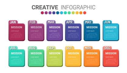 Timeline for 1 year, 12 months, infographics all month planner design and Presentation business can be used for Business concept with 12 options, steps or processes. 