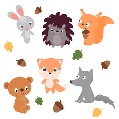 Set of cute cartoon wild forest animals rabbit, squirrel, hedgehog, bear, fox, wolf