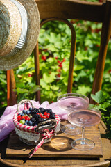 Outdoor summer lifestyle with a gourmet picnic laid out on a chair in a garden with berries, pie and pink drink in stylish glasses