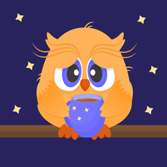 funny cute sleepy owl with a cup of coffee