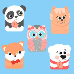 A set of funny cute characters for a children's party. Postcard, poster, invitation. Owl, Polar bear, Cat, Panda, Fox