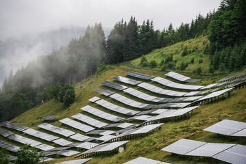 Solar, photovoltaic power station located on a mountain slope in the Alps. Foggy day, green pasture...