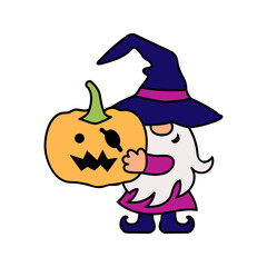 Adorable gnome with witch hat and Halloween pumpkin on white background. Vector illustration.